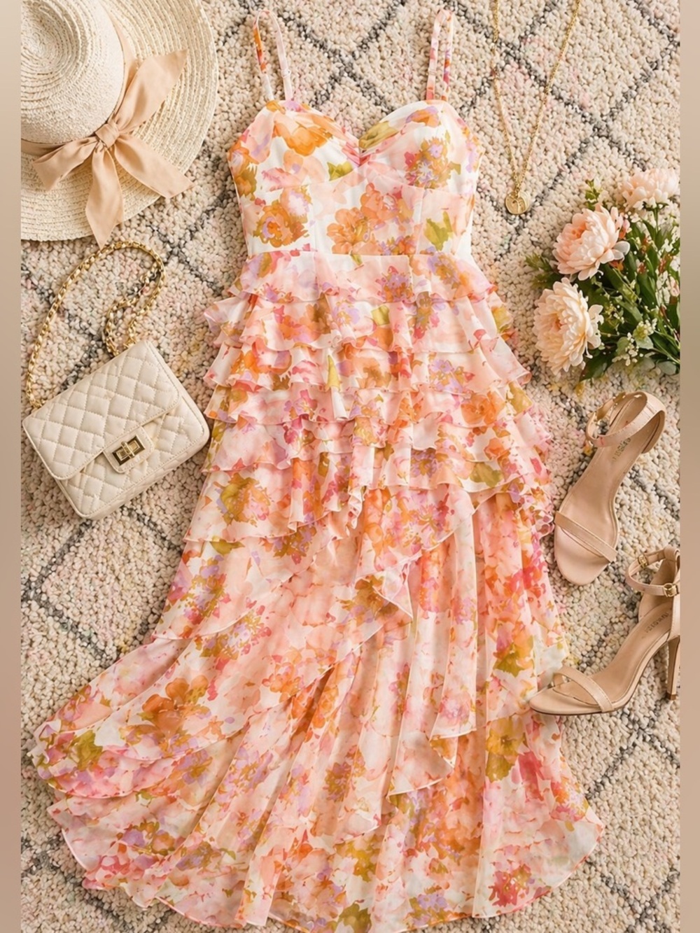 Seni & Cade Asymmetric High Low Floral Print Dress Ivory Orange Size Small NWT